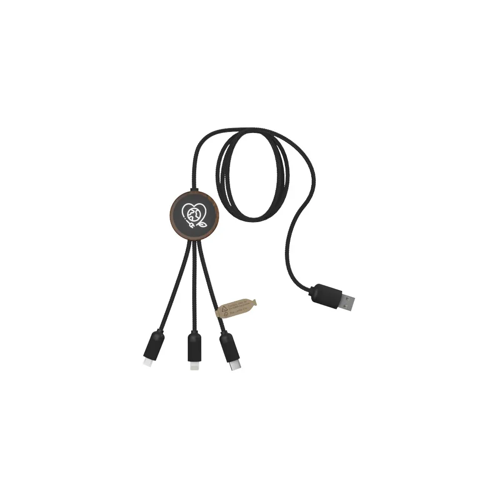 SCX.design C36 przedłużany kabel do ładowania z podświetlanym logo 3-w-1 rPET i z okrągłą bambusową obudową