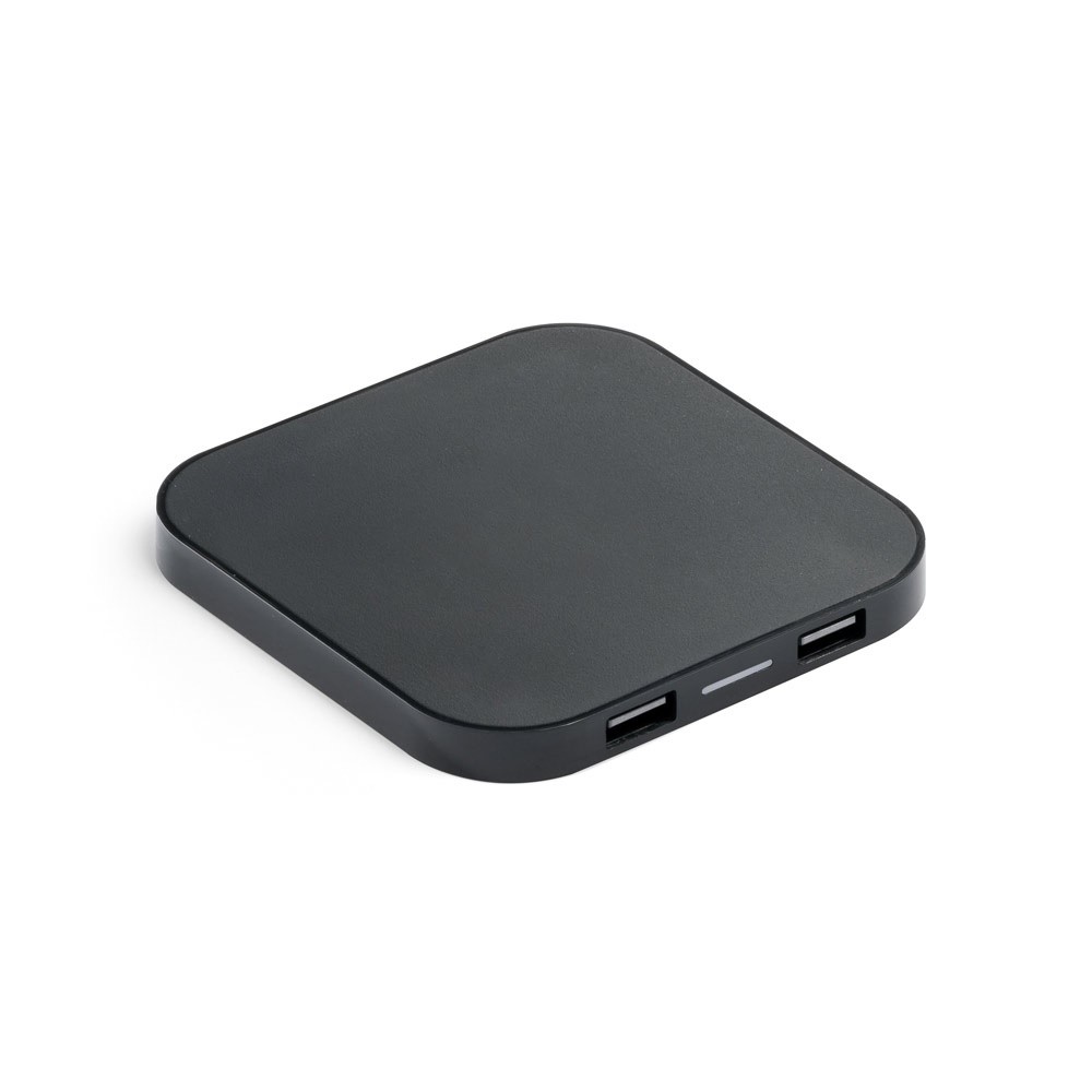 CAROLINE. Ładowarka bezprzewodowa Superfast 15W z 2 portami USB-A w ABS pochodzącego z recyklingu (60% rABS)